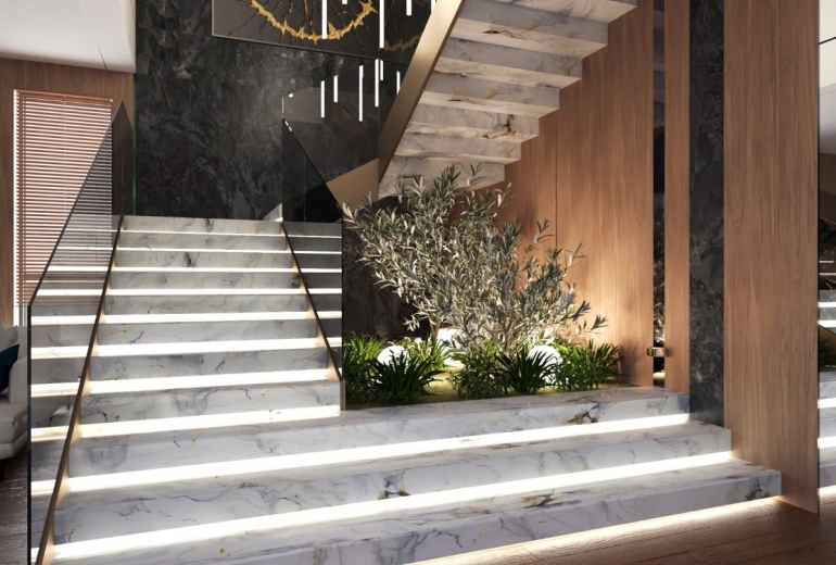 Công trình thi công sử dụng Gạch trang trí cầu thang bóng 120*120